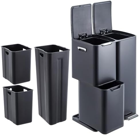 Triple Compartment Recycling & Trash Bin - 16 Gallon Stainless Steel for Kitchen or Office - Removable Buckets, Lid, Collapsible Foot Pedal - Large Capacity - Black