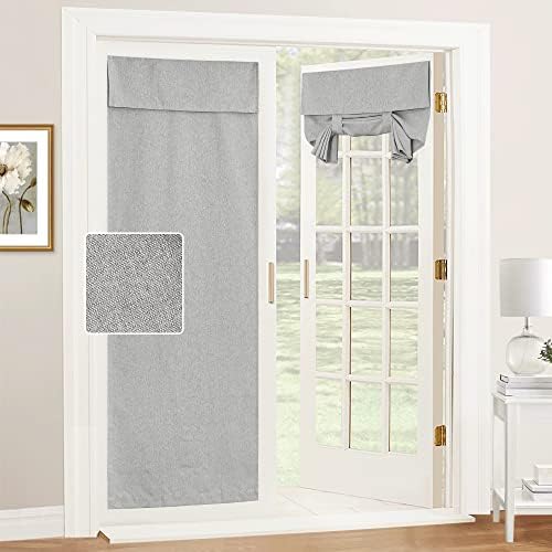 RYB HOME Linen Blended French Door Curtains, Self Adhesive Shades | Privacy, Room Darkening, Glass Door Window Curtains, for Kitchen Patio Sidelight Window, Tie Up, W34 x L80, Grey, 1 Panel