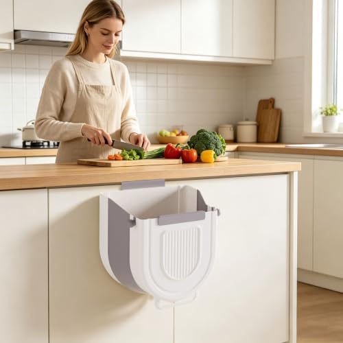 Kitchen Hanging Trash Can, Collapsible Hanging Trash Can for Kitchen Cabinet Door, Plastic Foldable Waste Bin, Wall Mounted Garbage Bin for Kitchen, Bathroom, Bedroom Countertop Car ，Grey：22cm
