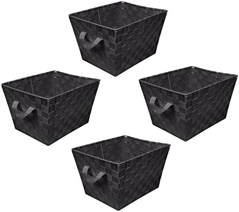 Simplify Medium Woven Strap Tote | Decorative Storage Basket | 2 Handles | Organization | Closet | Bedroom | Bathroom | Nursery | Accessories | Toys | Gifts | 4 Pack | Black