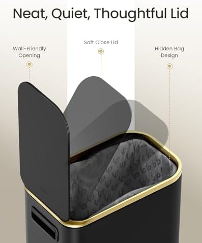 Cesun Small Bathroom Trash Can with Gold Grimmed Lid & Pedal, 1.3Gal, Black | Soft Close Lid, Removable Inner Bucket, Slim Stainless Steel Waste Basket for Home Office, Included 5 Trash Bags, Hidden Bags