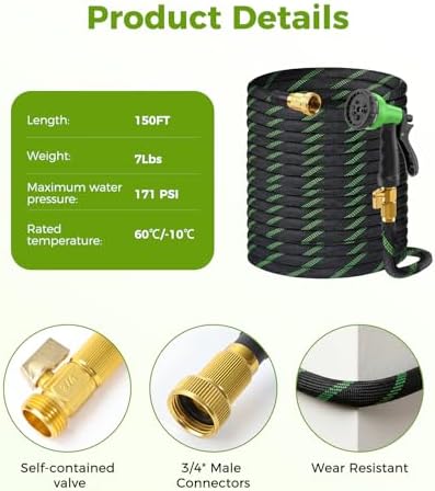 150ft Garden Hose, Non-Expandable Water Hose with 8 Function Spray Nozzle, Lightweight, Kink-Free, Burst-Resistant, Durable & Flexible 3/4" Garden Hose for Lawn, House Cleaning, Car Washing