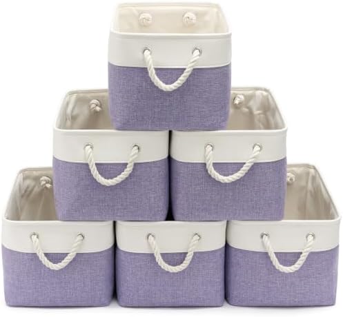 15x11x10 In Foldable Fabric Large Storage Bins with Handle 6 Pack | Organizer Baskets, Sturdy Metal Strand, Cardboard Support Molding, Storage Baskets for Shelves, Closet, Bedroom, White/Purple