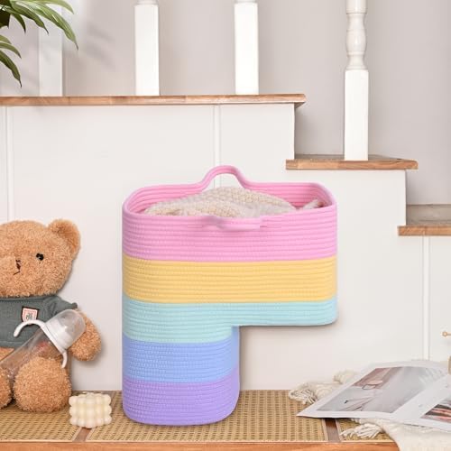 Stair Basket for Wooden & Carpeted Stairs, Foldable Cotton Rope Step Basket with Handles, Staircase Storage Organizer, Fog Grey, 15" Lx 10" W x 15" H