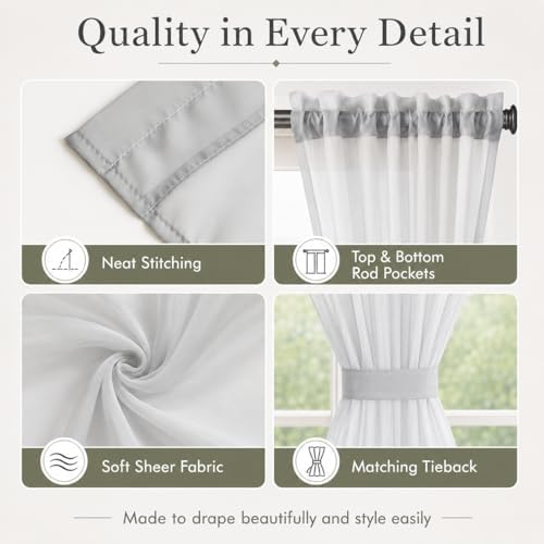 Aquazolax Glass Door Panel Window Curtain Elegant Solid Voile Rod Pocket Sheer French Door Panel 54x72 Inches with Bonus Tieback - 1 Piece, Grey