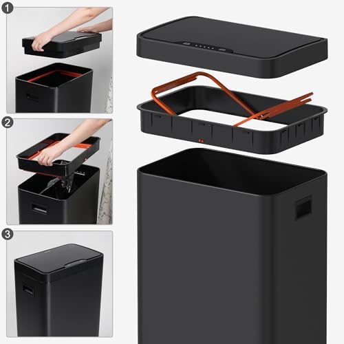 Mbillion 21 Gallon Touchless Motion Sensor Trash Can | Rectangular black smart garbage can with lid, automatic touchless design for kitchen, bedroom, home & office use