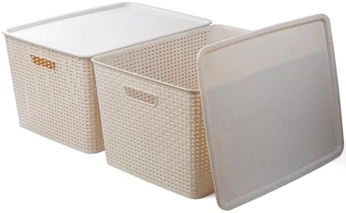 BINO | Plastic Storage Baskets with Lids, 45 Liter - 3 Pack, Natural | THE WOVEN COLLECTION | Storage Basket for Shelves | Woven Storage Baskets for Organizing Bins | Pantry Shelf Organizer Bin