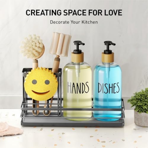 Moforoco Kitchen Dish Soap Dispenser Set, 16OZ Glass Bottle, Hand and Dish Soap Dispenser Set, Instant Dry Tray, Brush Holder with Smiley Face Sponge Holder (Black Tray+Clear Bottle)