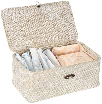 Sumnacon Wicker Basket with Lid,Tampon Holder for Bathroom,Whitewash,XS | Natural Seagrass Female Product Organizer for Toiletries Pad Tampon Storage,Farmhouse Woven Baskets for Shelf, Toilet Tank
