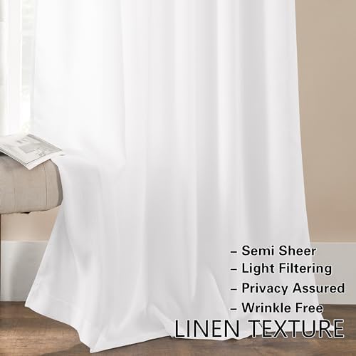 White Linen Door Short Curtains 40 Inch Length for Front French Door | Rod Pocket, Sidelight Drapes, Semi Sheer Light Filtering Privacy, Farmhouse Curtain, 2 Panels, W25xL40, Farmhouse Rustic