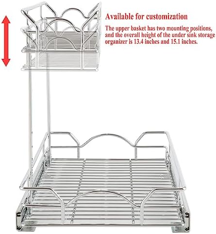 OCG Under Sink Cabinet Organizer Two Tier Pull Out Shelf (14.75W x 17D), Under Sink Sliding Shelf for Kitchen Bathroom Cabinet 2 Tier Chrome