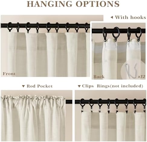 Natural Linen Curtains 108 Inches Long 2 Panels Boho Farmhouse | Light Filtering, Cream Windows Curtains, 108 Inch Length, for Living Dining Room Bedroom, Rod Pocket, Hook Belt Drapes