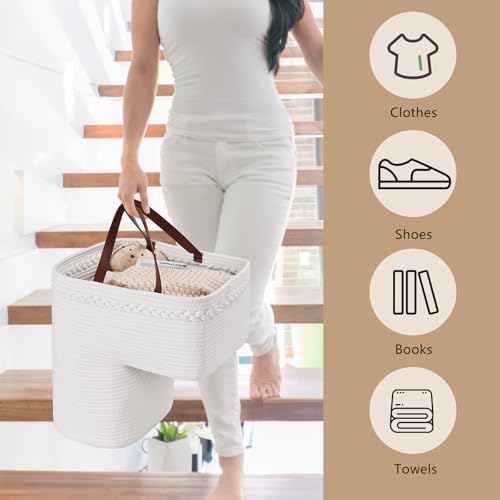 Woven Stair Basket, Stair Baskets for Wooden Stairs, Carpeted Stairs Storage Basket with Handles, Staircase Baskets for Toys, Books, Brown, 15” L x 10” W x 15” H