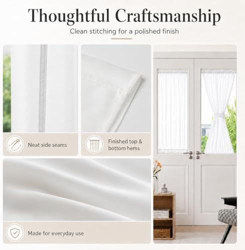 Aquazolax Transparent Sheer Door Window Curtain Elegant Solid Voile Curtain French Door Panel 54x40-Inch with Bonus Tieback - 1 Piece, Pure White