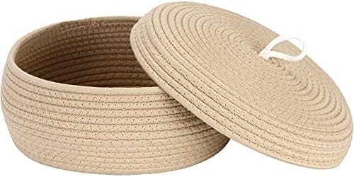 Sea Team Round Woven Cotton Rope Storage Basket with Lid, Khaki | Lidded Knitted Decorative Storage Bin, Pot, Caddy, Organizer, Container for Snacks, Towels, Plants, 13 x 5.5 Inches