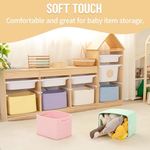 4 Pack Storage Baskets for Organizing Toys, Towels, and Clothes, Woven Basket for Shelves, Sturdy Nursery Cube Bins for Storage, 13''L x9''W x7.8''H, White