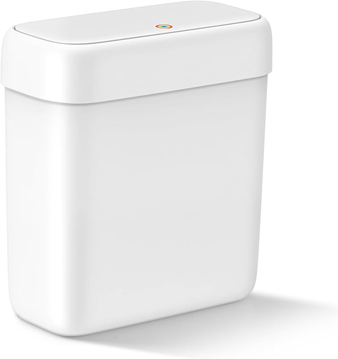Small Bathroom Trash Can with Lid, 3.2 Gallon Garbage Can with Pop-Up Lid | Press Top Lid, Dog Proof, Slim for Small Space, Premium Plastic, Easy to Use Waste Basket for Room, Office, Toilet, Rv, White
