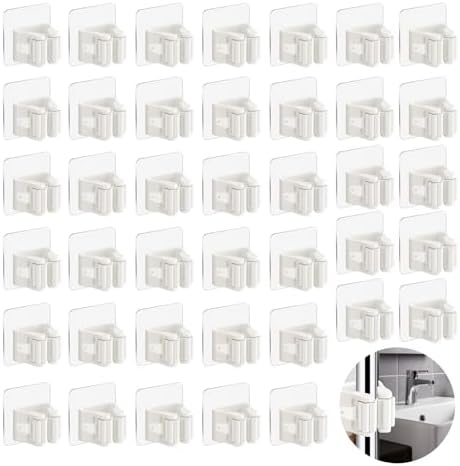 3-H 40 Pack Self Adhesive Broom Holder Wall Mount - Heavy Duty No Drill Broom Organizer for Garage Closet Kitchen, Plastic Storage Rack for Brooms Mops Tools, Peel and Stick Adhesive, White