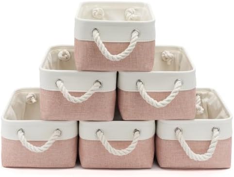 11.8x7.9x5.2 Inch Fabric Small Storage Bins with Handles 6 Pack | Foldable Storage Basket, Sturdy Metal Strand, Cardboard Support Molding, Small Baskets for Organizing, Shelves, White/Pink