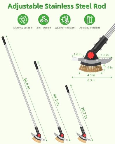 3-in-1 Crack Weeder Long Handle, Adjustable Crevice Weeding Tool with Stainless Steel Weed Brush and 2 Scrapers Weed Puller Tool for Driveway, Sidewalk, Lawn to Remove Weeds Moss Dirt (58.6")