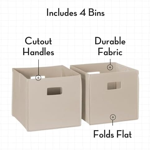 RiverRidge Folding Storage Bins - 4-pack of 10in Tall Taupe Cubes | Fabric Bins, Set of 4 Storage Cubes, Cut-out Handles, Playroom Closet Organizer, Collapsible Cubby with Bottom Board Insert