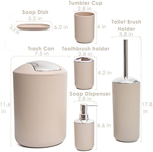 Moss & Stone 6-Piece BeigeBathroom Accessories Set, Soap Dispenser | Modern Plastic Bathroom Set with Toothbrush Holder, Soap Dish, Cup & Trash Can for Countertop Organization and Bathroom Decor
