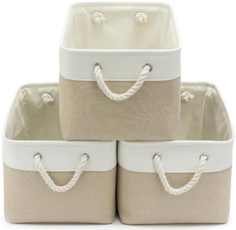 15x11x10 In Foldable Fabric Large Storage Bins with Handle 3 Pack | Organizer Baskets, Sturdy Metal Strand, Cardboard Support Molding, Storage Baskets for Shelves, Closet, Bedroom, White/Khaki