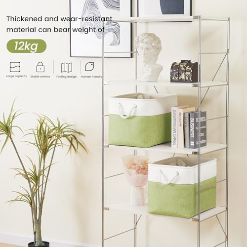 16x12x12 In Foldable Fabric Large Storage Bins with Handle 1 Pack | Storage Basket with Draw String Top, Sturdy Metal Strand, Cardboard Support Molding, for Shelf, Closet, Bedroom, White/Green
