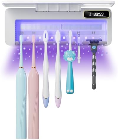 UV Toothbrush Sanitizer Holder for Bathrooms, 5+1+1 Slots Toothbrush Sanitizer and Holder, Rechargeable Cordless Wall Mounted Tooth Brush Holder with Heating Functions, No Drilling (White)