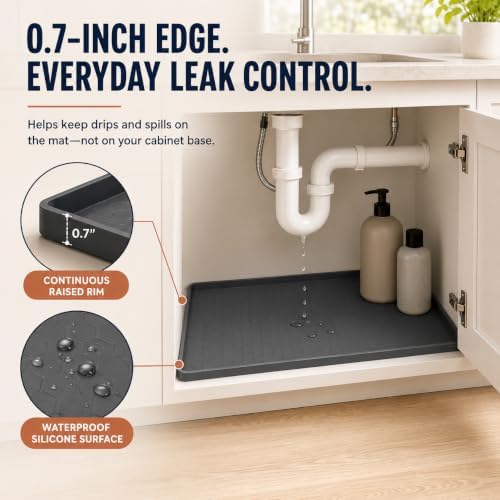 25” x 19” Silicone Under Sink Mat for Bathroom/Kitchen Cabinet Organizer Mat | Leak-Proof Waterproof Liner Pad & Anti-Spill Tray | 0.7in Edge Barrier, 3.5Gal Capacity