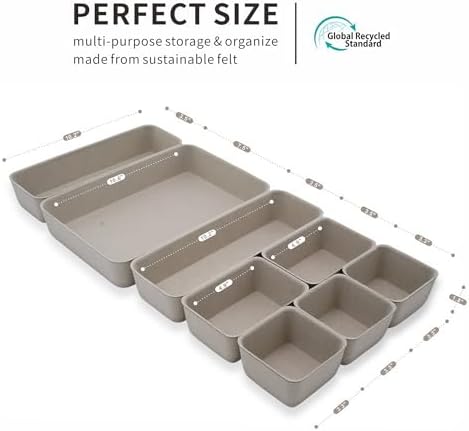 Welaxy Office Felt Desk Drawer Organizer Tray 8pc Stone Natural Storage Bin | Sustainable material soft yet sturdy,multi-purpose storage, sleek minimalist lifestyle