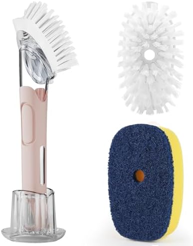 RIMAY Dish Brush Set with Soap Dispenser, 2 Refills and Storage Holder | Soap Dispensing Dish Brush dish scrubber with handle for Cleaning Dishes, Pans, Sink, Pots, Pink