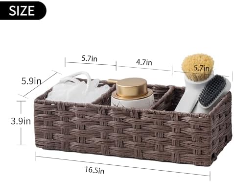 Toilet Tank Topper Paper Basket Multiuse Hand Woven Plastic Wicker Basket Bins with Divider for Shelves Rustic Farmhouse Bathroom Decor Countertop Organizer Storage
