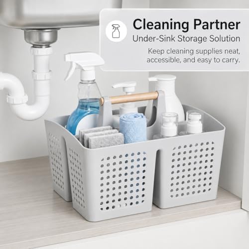 Portable Shower Caddy Basket with 3 Compartments and Handle, Light Gray | Plastic Divided Storage Caddy for Bathrooms, Apartments, Guest Rooms, Offices, Crafts and Under-Sink Organization
