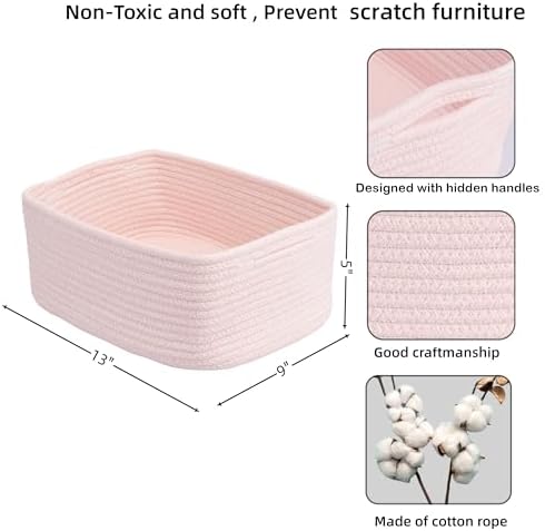 XUANGUO Small Woven Storage Baskets for Shelves, 13" x 9" x 5", Pink | Decorative rope storage bins for closets and toy storage; cute organizer baskets, empty gift baskets and nursery storage.