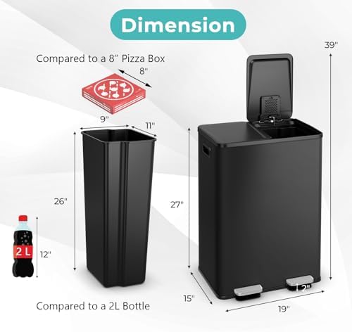 Goplus 16 Gallon/ (2x30L) Stainless Steel Trash Can, Kitchen Trash Bin w/Dual Removable Inner Buckets, Soft Closure & Step-on Pedal, Deodorizer Compartment, Garbage Bin for Recycling, Black
