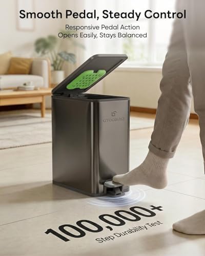 10L/2.6G Slim Bathroom Trash Can, Narrow Stainless Steel Soft-Close Step Pedal Bin with Lid, Odor Control Carbon Box, Removable Inner Bucket, Small Waste Bin for Bedroom, Office, RV (Gray)