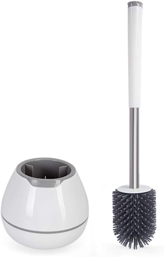 BOOMJOY Toilet Brush and Holder Set, Silicone Toilet Bowl Cleaner Brush, Bathroom Cleaning Bowl Kit with Tweezers, Bathroom Accessories with Aluminum Handle - White