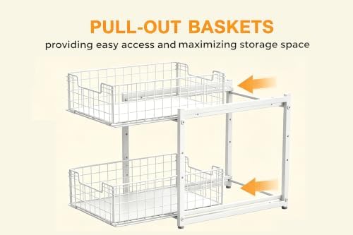 Under Sink Organizer, White 2-Tier Pull Out Cabinet Organizer | Kitchen Bathroom Organizer and Storage, Spice Rack for Kitchen, Multi-use Sliding Drawers Shelves, 2 Pack