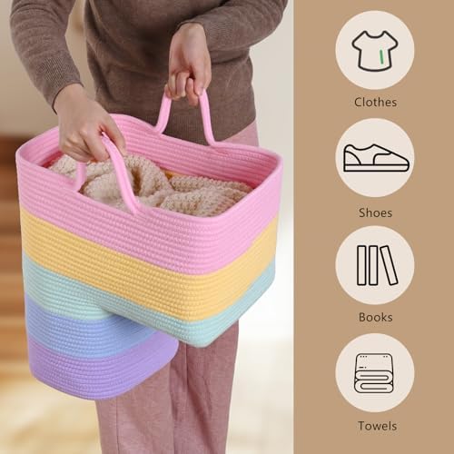 Stair Basket for Wooden & Carpeted Stairs, Foldable Cotton Rope Step Basket with Handles, Staircase Storage Organizer, Fog Grey, 15" Lx 10" W x 15" H