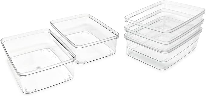 Isaac Jacobs 5-Pack Small Clear Storage Bins (5.5” L x 7.75” W x 2.5” H) | Cutout Handles, Plastic Organizer for Home, Kitchen, Fridge, Desk, Bathroom, Drawers, BPA Free, Food Safe (5-Pack, Small)
