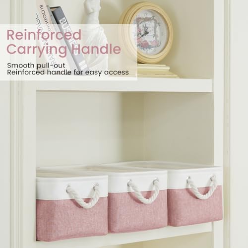 13.8x9.8x6.7 Inch Fabric Small Storage Bins with Handles 1 Pack | Foldable Storage Basket, Sturdy Metal Strand, Cardboard Support Molding, Small Baskets for Organizing, Shelves, White/Pink