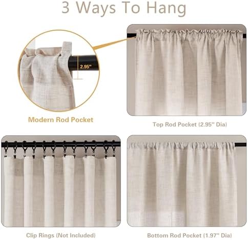 Semi Sheer Kitchen 24 Inch Short Curtains 2 Panels Set Flax Linen | Light Filtering, Boho Farmhouse Elegant Drapes, for Bathroom Laundry RV Cafe Windows, Tan Beige Curtain, Rod Pocket, W25xL24