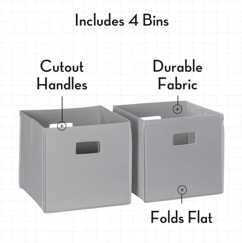 RiverRidge Folding Storage Bins - 4-pack of 10in Tall Gray Cubes | Fabric Bins, Set of 4 Storage Cubes, Cut-out Handles, Playroom Closet Organizer, Collapsible Cubby with Bottom Board Insert
