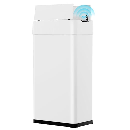 Arlopu 18.5 Gal Automatic Trash Can, 70L Motion Sensor Garbage Bin | Touchless Brushed Stainless Steel Wastebasket, W/Butterfly, Soft-Close Lid, for Living, Dinning Room, Kitchen (White)