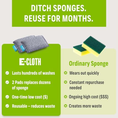 E-Cloth Non-Scratch Scrubbing Pads, Reusable Sink & Dish Sponges - 2 Pack | Reusable Kitchen Sponge for Cast Iron Dishes & Sink, Non Scratch, Multi Purpose Scrubber for Cleaning, Machine Washable