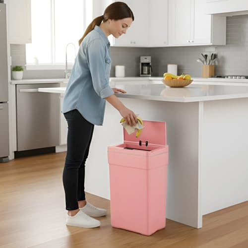 PayLessHere | 13 Gallon Plastic Trash Can with Lid | Pink | Automatic Touchless Garbage Can | Waterproof & Easy to Clean | For Kitchen, Bathroom, Home or Office | Pack of 3