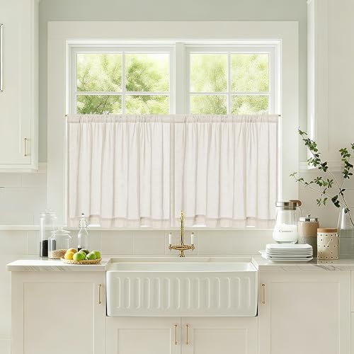 Beige Semi Sheer Linen Kitchen Curtains 24 Inch Length 2 Panels | Cream, Cafe Short Curtains, for Bathroom Small Windows, Light Filtering, Farmhouse, Rod Pocket Drapes, 25x24 Inches Long