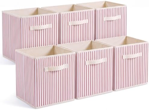 Amyhill 6 Pack Pink Striped Basics Collapsible Fabric Storage Bins | with Handles, Foldable Storage Cubes, 11 Inch, Closet Decorative Organizer, Baskets for Shelves Units, Home, Dorm