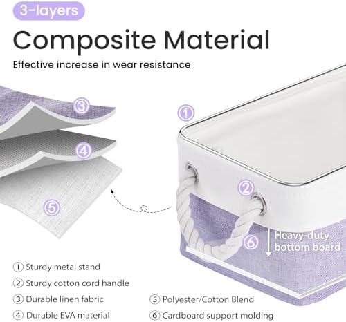 11.8x7.9x5.2 Inch Fabric Small Storage Bins with Handles 6 Pack | Foldable Storage Basket, Sturdy Metal Strand, Cardboard Support Molding, Small Baskets for Organizing, Shelves, White/Purple
